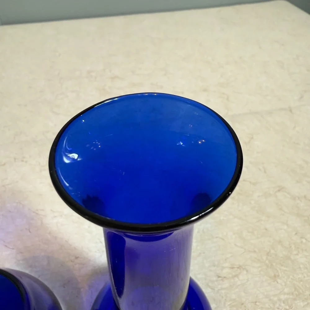 Vtg Cobalt Blue Art Glass Vase‎ & Bowl Set Hand Blown Mid Century Modern Decor